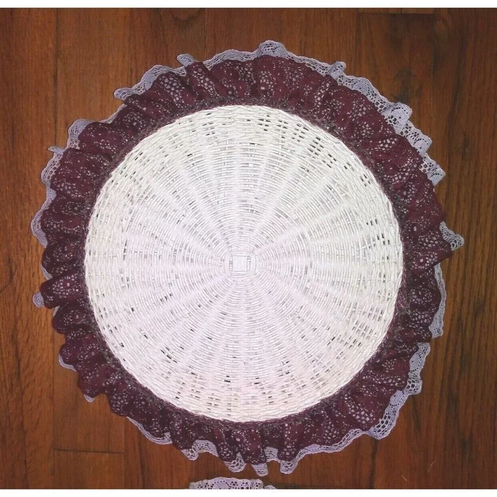 Wicker Hot Plates burgundy Lace border NEW candy/trinket dish/holders Farmhouse